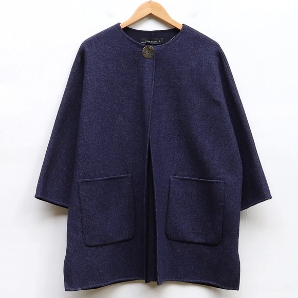 Zara Wool Blend Cape Coat Size L in Navy Blue Oversized - Picture 1 of 8